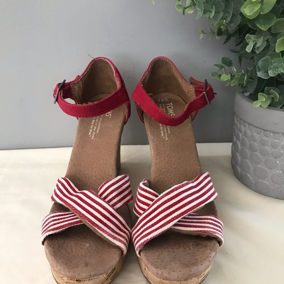 Toms Red Stripe Wedge Sandals - Picture 2 of 5